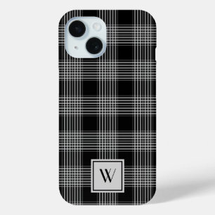 Coque Pour iPhone 15 Élégant Monogramme noir et blanc Motif Plaid