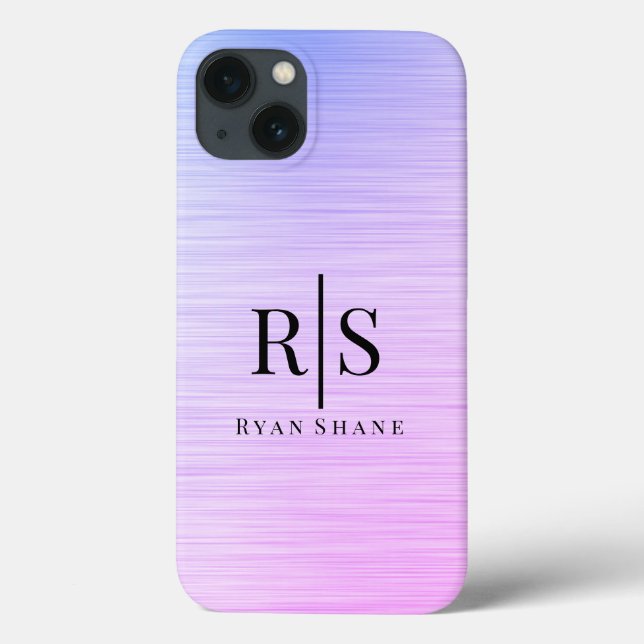 Coques Case-Mate iPhone Élégant Monogramme noir et nom Métal brossé violet (Verso)