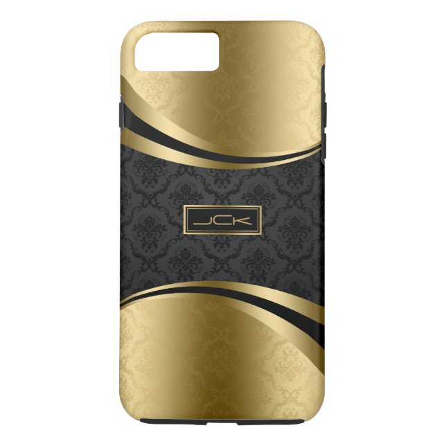 Coques Case-Mate iPhone Élégant monogramme noir & or Damas florales (Dos)