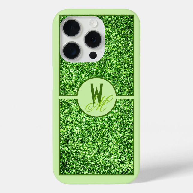 Coques Case-Mate iPhone Élégant Monogramme Pailleté Vert  (Verso)