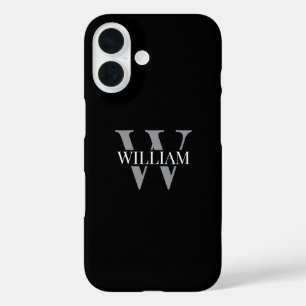 Coque Pour iPhone 16 Élégant monogramme personnalisé noir & gris blanc
