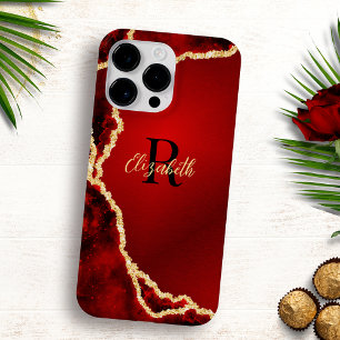 Coque Pour Pour iPhone 14 Pro Max Élégant Monogramme Rouge Noir Or Agate Girly