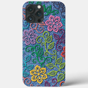 iPhone 13 Pro Max Case Élégant Motif aux fleurs colorées Denim Blue Jeans