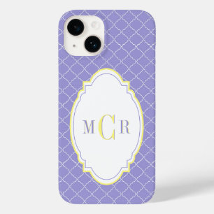 Coque Pour iPhone 14 Élégant motif de damas bleu jaune monogramme franç