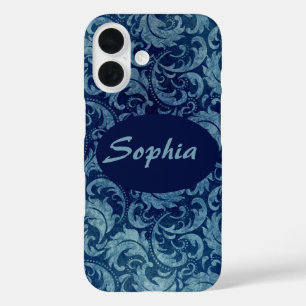 Coque Pour iPhone 16 Elégant motif de Damas Vintage bleu
