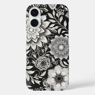 Coque Pour iPhone 16 Élégant Motif de dentelle florale noir et blanc