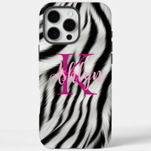 Coques iPhone 16 Pro Max Élégant noir blanc zèbre animal rose monogramme