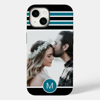 Coque Pour iPhone 14 Élégant noir bleu rayé Monogramme personnalisé Pho