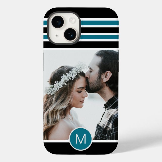 Coques Case-Mate iPhone Élégant noir bleu rayé Monogramme personnalisé Pho (Verso)