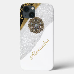 iPhone 13 Case élégant noir et or blanc dentelle