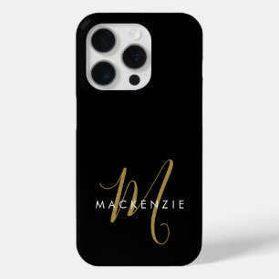 Coque iPhone 15 Pro Élégant Noir Moderne Script Monogramme