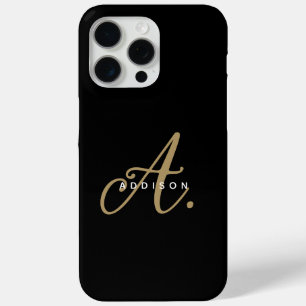 Coque iPhone 15 Pro Max Élégant Noir Noir Script Monogramme