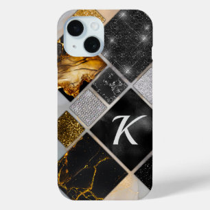 Coque Pour iPhone 15 Elégant noir or argent géométrique