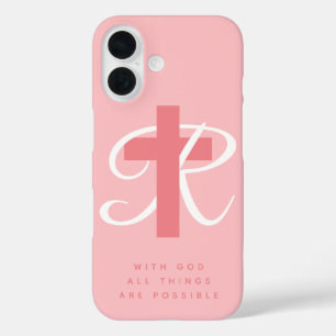 Coque Pour iPhone 16 Elégant nom de croix religieuse monogramme corail