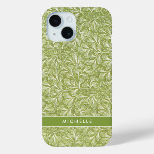 Coque Pour iPhone 15 Élégant Nom Personnalisé Botanique Vert
