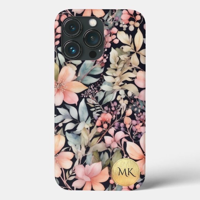 Coques Case-Mate iPhone Élégant or noir rose floral Aquarelle Monogramme (Verso)