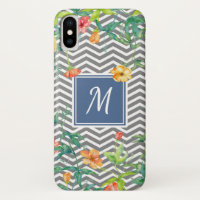 Élégant Orange Floral Chevron Chic Blue Monogram