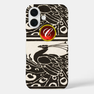 COQUES iPhone 16  ÉLÉGANT PAON NOIR BLANC RUBIS ROUGE GEMME MONOGRAM