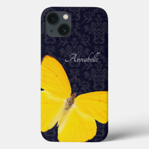 Case-Mate iPhone Case Elégant Papillon jaune Noir Damas Ajouter un nom