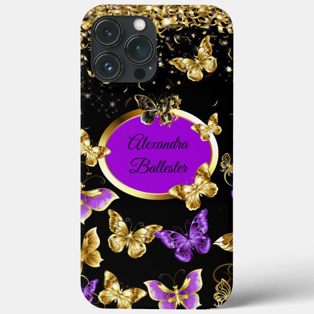 Coques Case-Mate iPhone Élégant Papillon pourpre Gold Confetti Noir (Verso)
