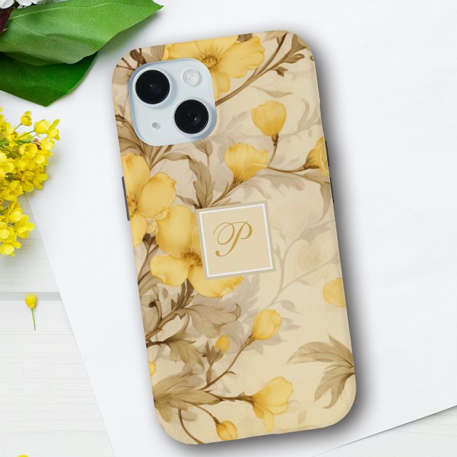 Coques Case-Mate iPhone Élégant Pastel jaune Floral Primrose Monogramme (Créateur téléchargé)
