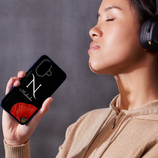 Coques Case-Mate iPhone Élégant pavot rouge monogramme sur noir (Créateur téléchargé)