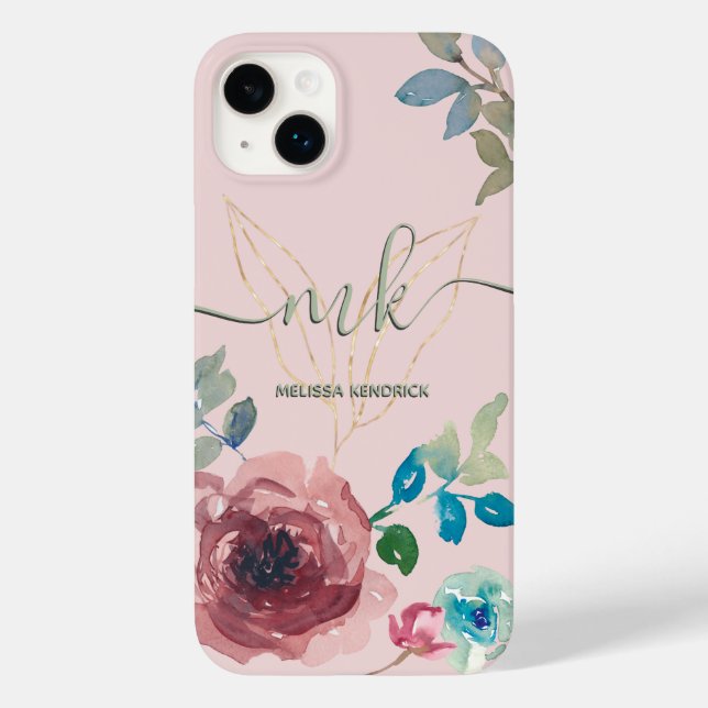 Coques Case-Mate iPhone Élégant Peach Pink Botanical Roses Monogramme Nom (Verso)