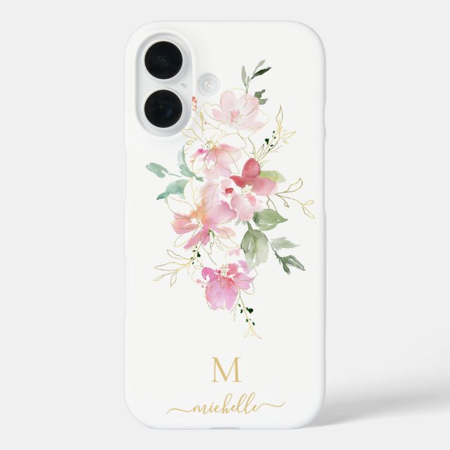 Coques Case-Mate iPhone Elegant Pink Floral Gold Script Monogram (Verso)
