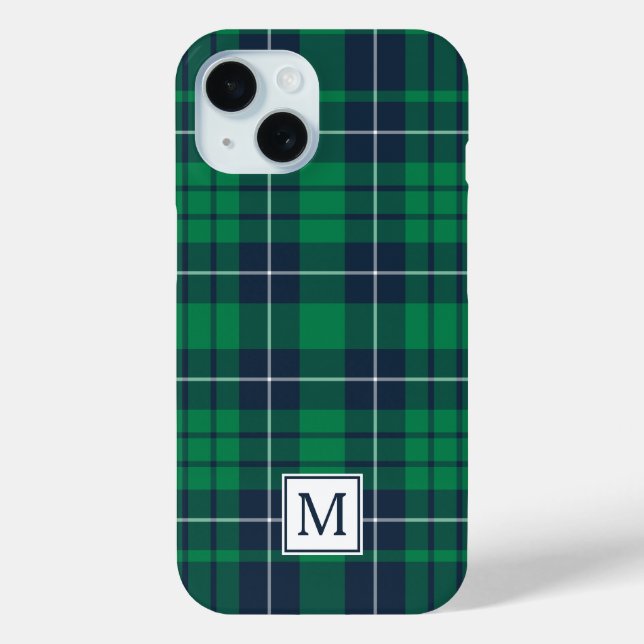 Coques Case-Mate iPhone Élégant Plaid vert Monogramme (Verso)