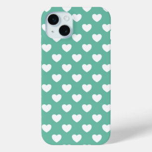 Coque iPhone 15 Mini Élégant Pois Vert Mint Motif Avec Coeurs