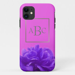 Coque iPhone 11 Élégant Purple Floral Personnalisé Argent Initial