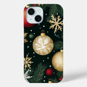 Coque Pour iPhone 15 Élégant Red Gold Festive Noël Ornaments Pine