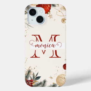 Coque Pour iPhone 15 Élégant Red Gold Monogramme Nom personnalisé