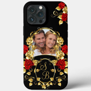 Case-Mate iPhone Case Élégant Red Roses Gold Black Photo Monogramme