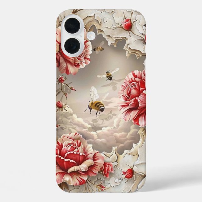 Coques Case-Mate iPhone Élégant Rose 3D, abeilles et beauté botanique (Verso)