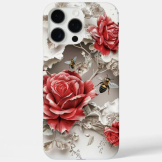 Coques iPhone 16 Pro Max Élégant Rose 3D, abeilles et beauté botanique