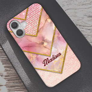 Coque Pour iPhone 16 Elégant rose en or girly géométrique Coque-Mate iP