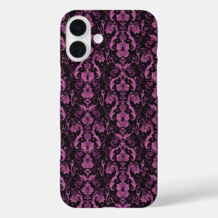 Coques iPhone 16 Plus Elégant rose et noir Damas - Vintage baroque