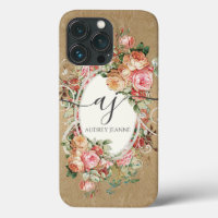 Élégant Rose Floral Gold Damask Monogramme Script