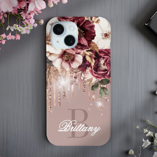 Coque Pour iPhone 15 Elégant Rose Gold Drives Bourgogne Floral Monogram