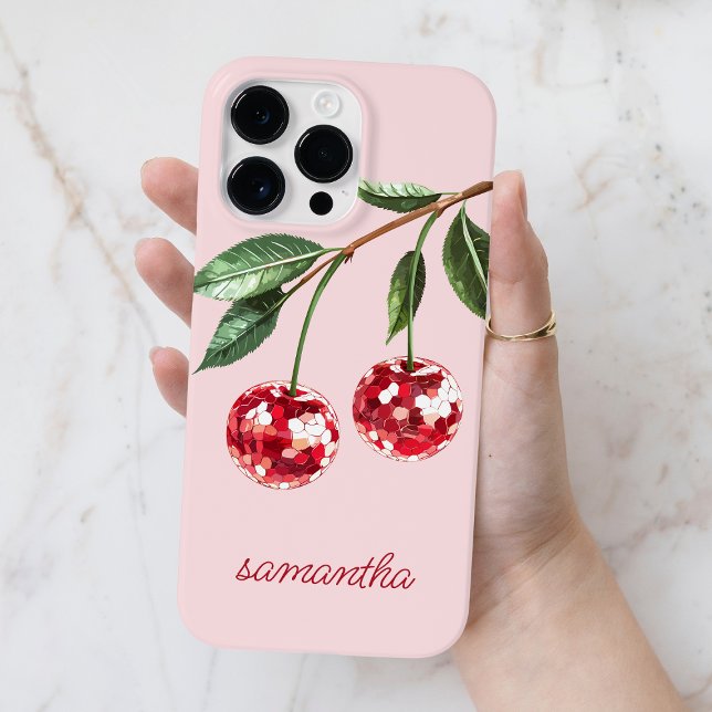 Coques Case-Mate iPhone Elégant rouge cerise personnalisé Nom de script ro (Elegant Red Cherry Personalized Script Name Pink Case-Mate iPhone Case)