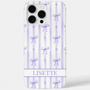 Coques iPhone 16 Pro Max Élégant Ruban Coquette Rayé Violet Monogrammé