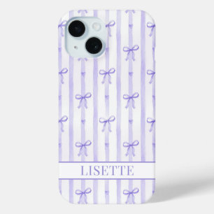 Coque Pour iPhone 15 Élégant Ruban Coquette Rayé Violet Monogrammé