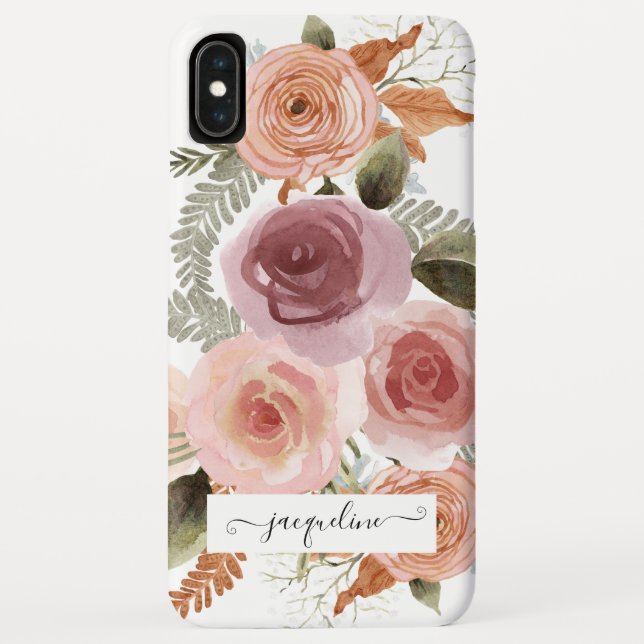 Coques Case-Mate iPhone Élégant Script Aquarelle Floral Pink Nom blanc (Dos)