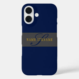 Coque Pour iPhone 16 Élégant Script Monogram Dark Navy Blue Grey & Gold