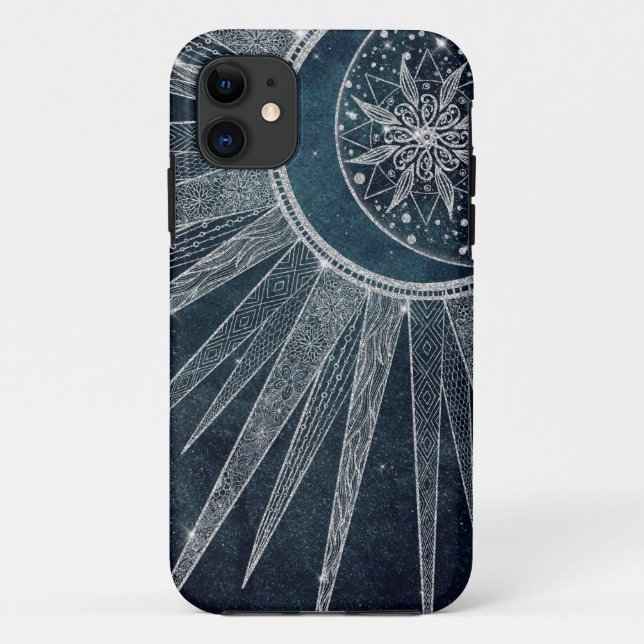 Coques Case-Mate iPhone Elégant Silver Sun Moon Doodle Mandala Blue Design (Dos)
