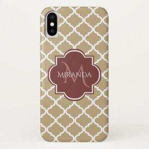 Coque Case-Mate Pour iPhone Élégant Tan Quatrefoil Bourgogne Monogramme et nom