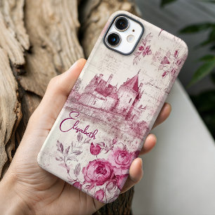 Coques iPhone 16 Pro Élégant Toile de Jouy Rose Monogramme Château Flor
