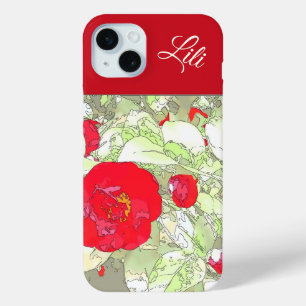 Coque iPhone 15 Mini Elégant tourbillon rouge floral monogramable