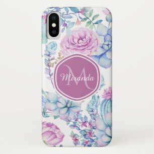 Coque Case-Mate Pour iPhone Élégant violet et bleu Succulent Floral avec nom